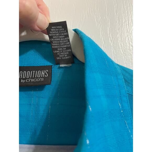 Additions by Chico Sz 1 Teal Woven Silver Threads Adjustable Long Sleeve Blouse - Picture 6 of 13